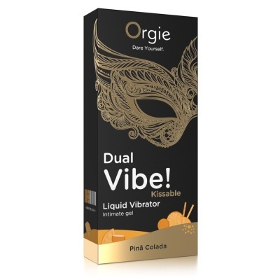 Embalagem preta e dourada de gel íntimo vibrador líquido com design de máscara dourada