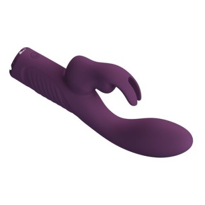 Vibrador roxo em silicone com estimulador em forma de coelho e botão de controle na base