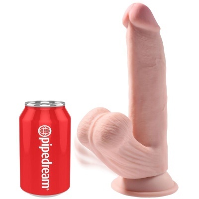 Dildo realista de cor pele com base de ventosa ao lado de uma lata vermelha com texto pipedream.