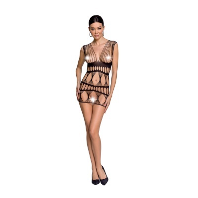 Vestido body preto transparente com padrão de linhas finas verticais e ovais.
