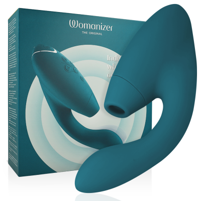 Estimulador feminino azul escuro com botões e embalagem Womanizer THE ORIGINAL