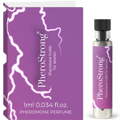 Perfume PheroStrong para mulheres em frasco transparente com rótulo roxo ao lado da embalagem roxa.