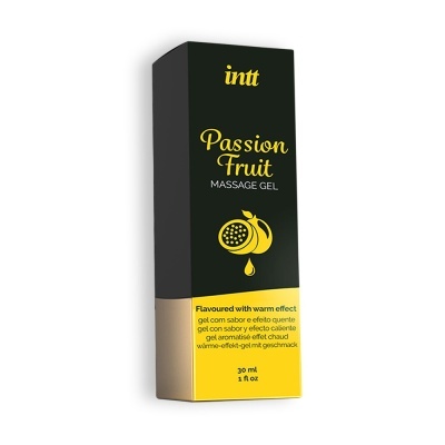 Embalagem de gel de massagem sabor Passion Fruit com ilustração de maracujá