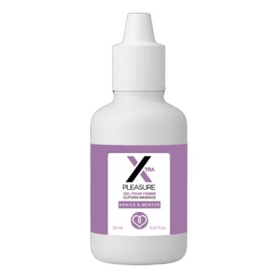 Frasco branco com rótulo roxo de gel para massagem feminina