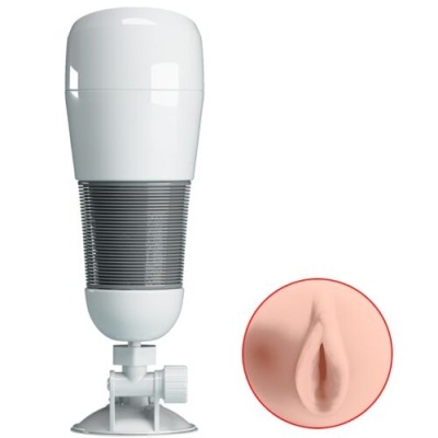 Dispositivo branco com zona central cinzenta e ventosa na base, com imagem de inserção circular que imita anatomia feminina.