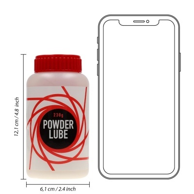 Frasco plástico com tampa vermelha e rótulo branco com texto POWDER LUBE ao lado de desenho de smartphone para comparação de tamanho.