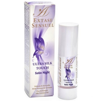Produto Extase Sensuel Ultra Silk Touch Satin Night com embalagem e frasco branco e lilás e borboleta roxa