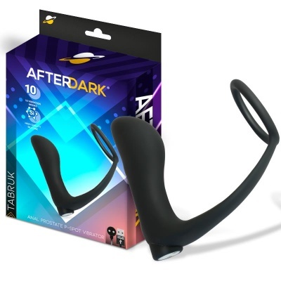 Vibrador anal preto junto à sua embalagem com texto AFTERDARK e indicação de 10 modos de vibração