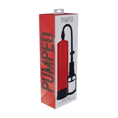 Embalagem de bomba manual com design vermelho e branco e texto evidente