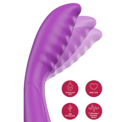 Vibrador roxo curvado com textura ondulada e ícones de características técnicas