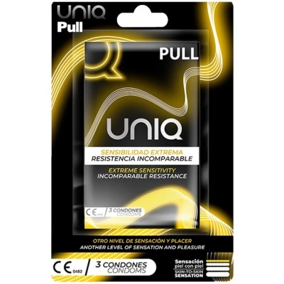 Embalagem de preservativos UNIQ Pull preta com detalhes amarelos e brancos
