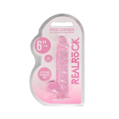 Dildo cristal rosa realista com ventosa em embalagem plástica