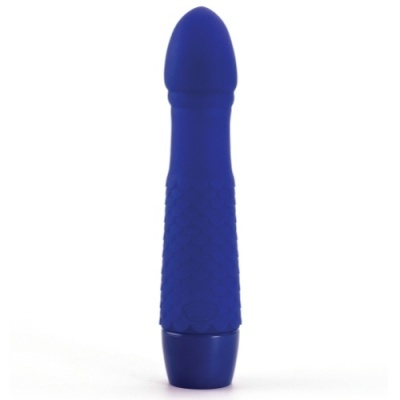 Vibrador azul com textura em relevo e base arredondada