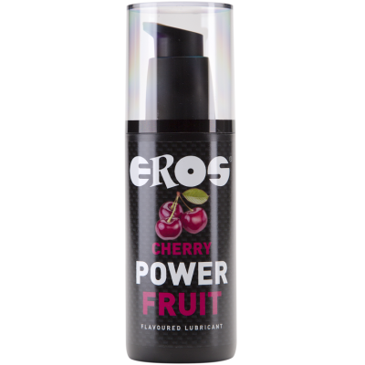 Frasco preto de lubrificante com imagem de cerejas e texto EROS CHERRY POWER FRUIT