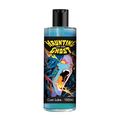 Frasco de lubrificante azul com rótulo colorido e design assustador