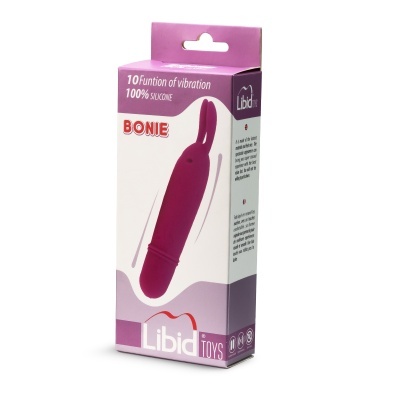 Caixa de brinquedo sexual roxo Bonie da Libid Toys com texto e imagens no fundo branco