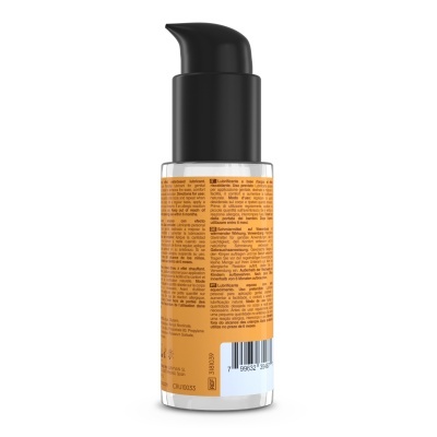 Frasco com tampa doseadora preta e rótulo cor de laranja com texto multilíngue