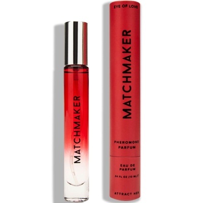 Perfume Matchmaker em frasco de vidro com tampa prateada e estojo vermelho cilíndrico