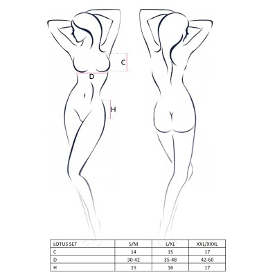 Desenho esquemático de corpo feminino com medidas e tabela de tamanhos LOTUS SET
