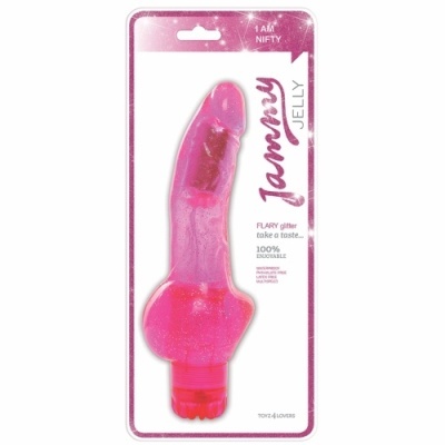 Vibrador Jelly rosa translúcido com glitter em embalagem branca e rosa