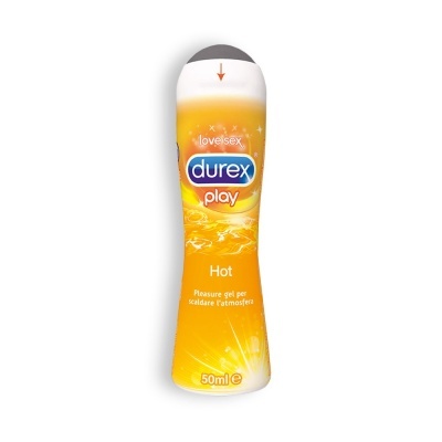 Frasco de gel Durex Play Hot amarelo e branco