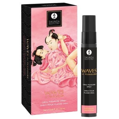 Spray oral Waves of Pleasure da Shunga com caixa rosa decorada e frasco preto.