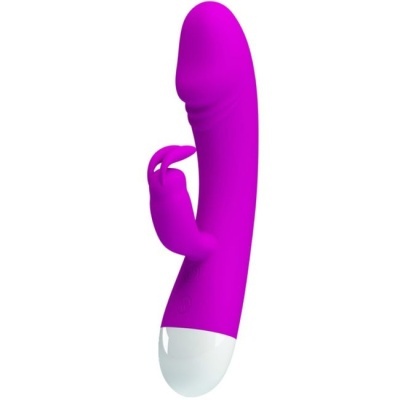 Vibrador roxo em silicone anatómico com estimulador em forma de coelho