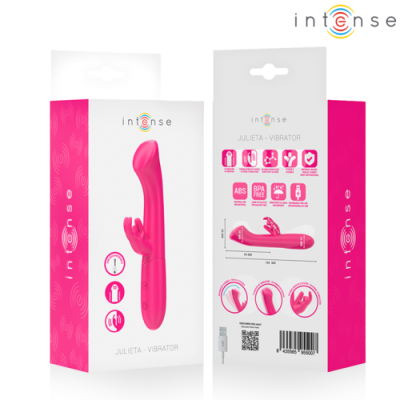 Embalagem do vibrador Julieta da marca Intense, cor rosa, com informações detalhadas