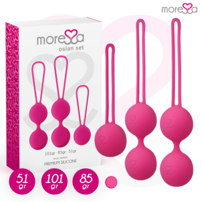 Conjunto de bolas de Kegel rosa em silicone com embalagem branca da marca moressa