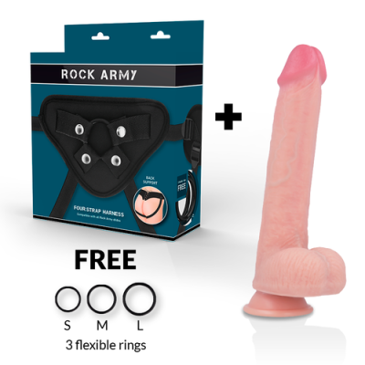 Arnês preto Rock Army e dildo realista cor de pele com ventosa