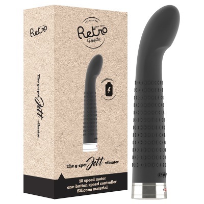 Vibrador Retro Jett preto com textura e embalagem de cartão bege
