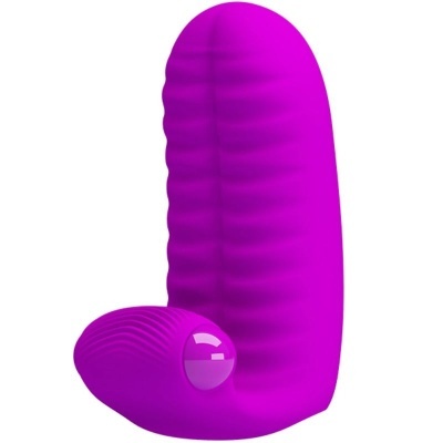 Vibrador de silicone roxo com textura e botão brilhante em fundo branco