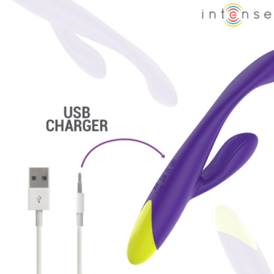 Vibrador roxo e amarelo com carregador USB branco e texto USB CHARGER