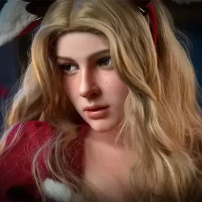Boneca realista loira com roupa vermelha e branca e faixa na cabeça
