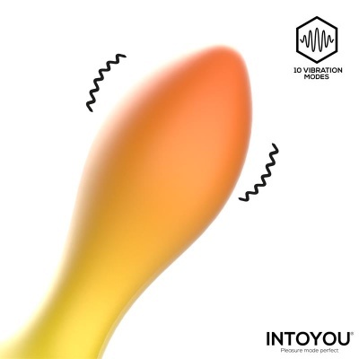Vibrador laranja amarelo com texto modos de vibração e marca INTOYOU