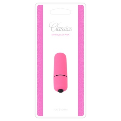 Mini vibrador rosa em embalagem branca com bordas laterais rosas