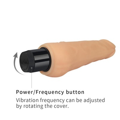 Dispositivo vibratório cor de pele com botão preto rotativo e texto explicativo em branco
