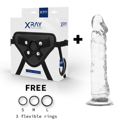 Conjunto XRAY Clear Dildos com arnês preto, dildo transparente e anéis flexíveis em diferentes tamanhos