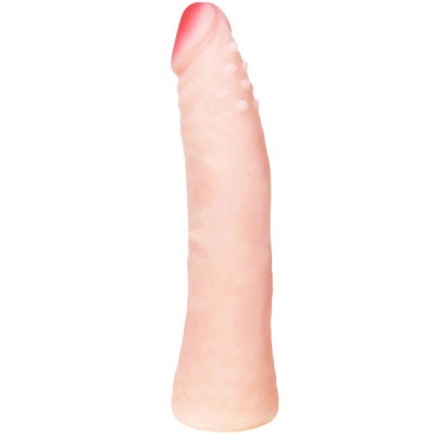 Dildo cor bege com tonalidade rosa na extremidade e textura com relevos