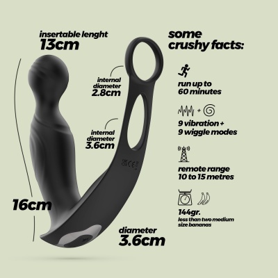 Produto sexual preto com medidas e texto explicativo num fundo cinza