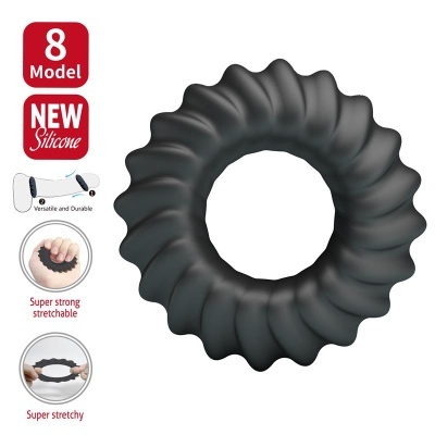 Anel preto ondulado de silicone com texto promocional em fundo branco