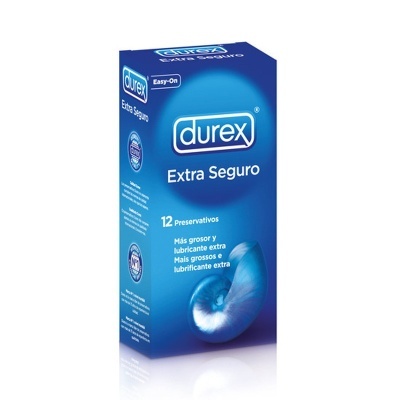 Embalagem azul de preservativos Durex Extra Seguro com texto e imagem de concha azul