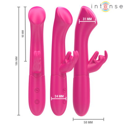 Vibrador rosa com detalhes em silicone e medidas visíveis em diferentes ângulos