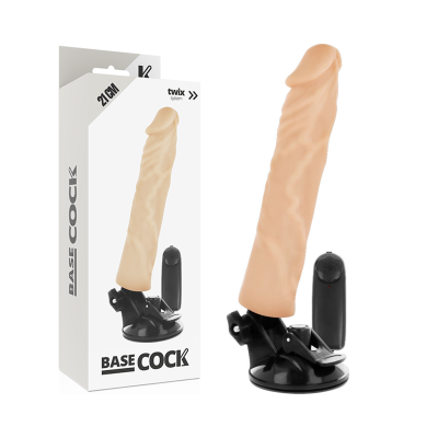 dildo realista cor pele com base ventosa preta e comando remoto ao lado e embalagem branca com texto.