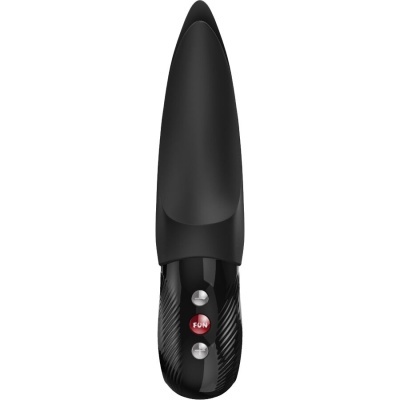 Vibrador preto com botões FUN e símbolos mais e menos