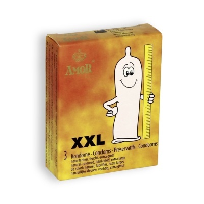 Embalagem de preservativos XXL AMOR amarelo-laranja com desenho de preservativo e régua