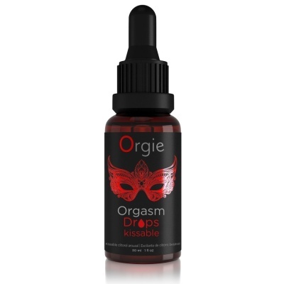 Frasco conta-gotas Orgie Orgasm Drops com etiqueta preta e máscara vermelha