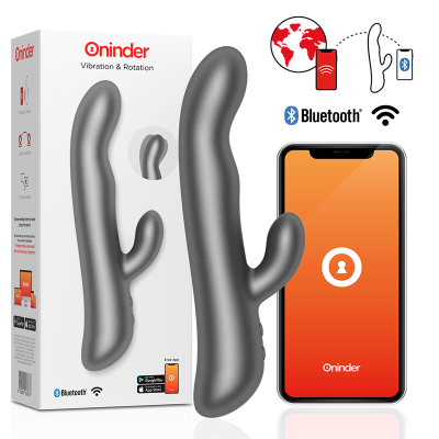 Vibrador cinza com smartphone e embalagem branca oninder