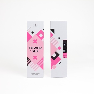 Caixas do jogo Tower of Sex com padrão geométrico rosa e preto
