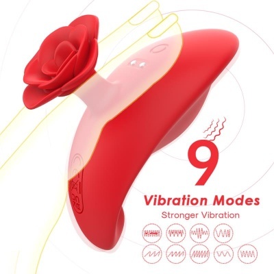 Dispositivo de vibração vermelho com flor vermelha e indicação de 9 modos de vibração
